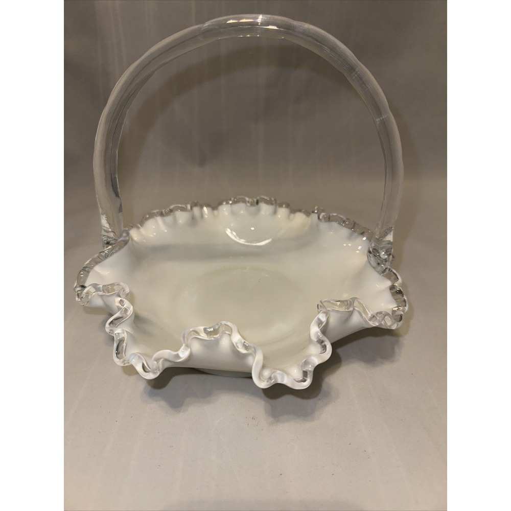 Vintage‎ Fenton Silver Crest White Milk Glass Ruffle Edged Basket Bamboo Handle